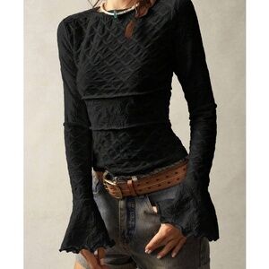 Boho Black Textured Knit Ruffle Bell Sleeve Fitted Top